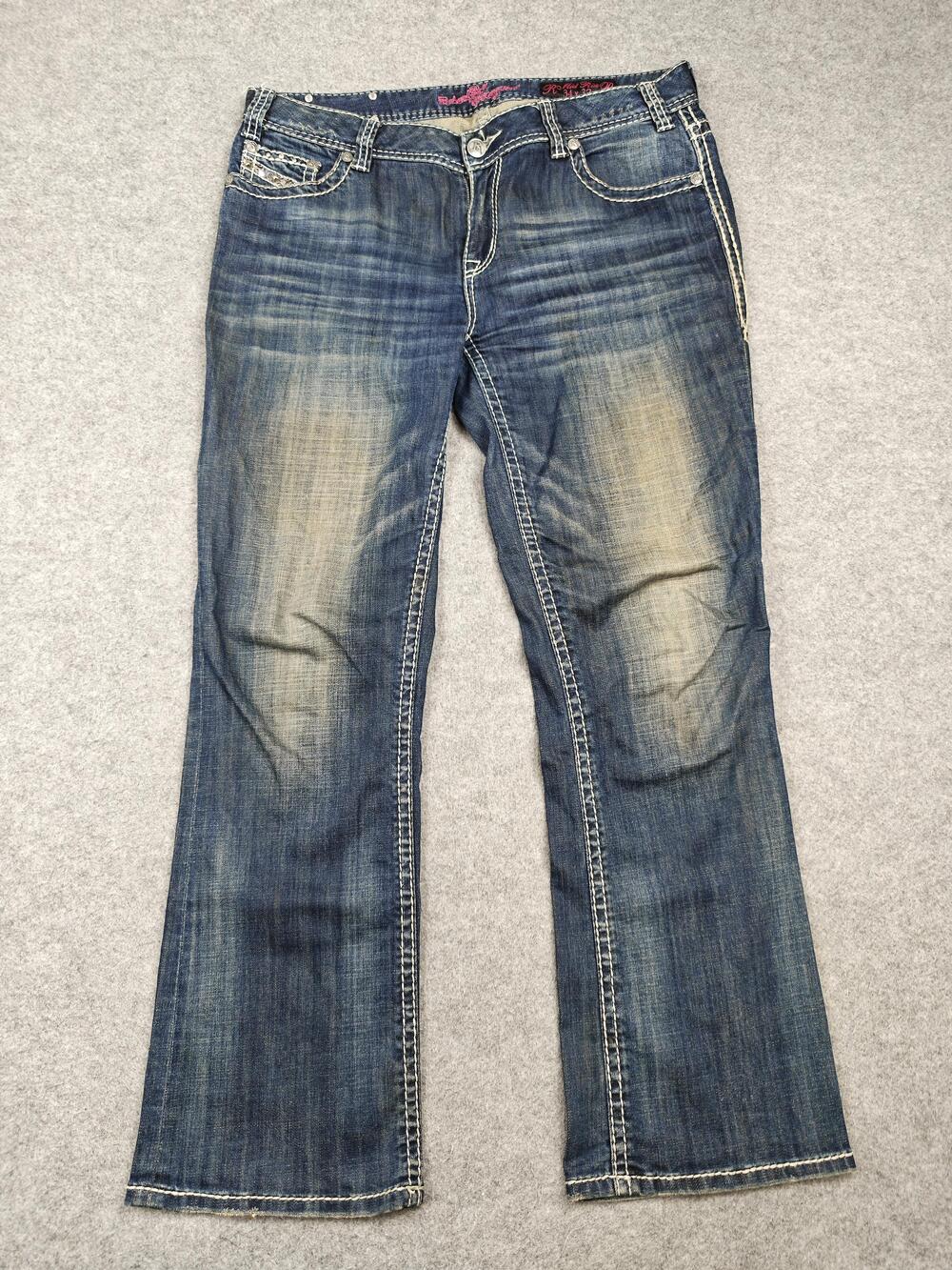 Rock And Roll Cowgirl Jeans Womens 34 Blue Bootcut Mid Rise Rhinestone 32 Inseam